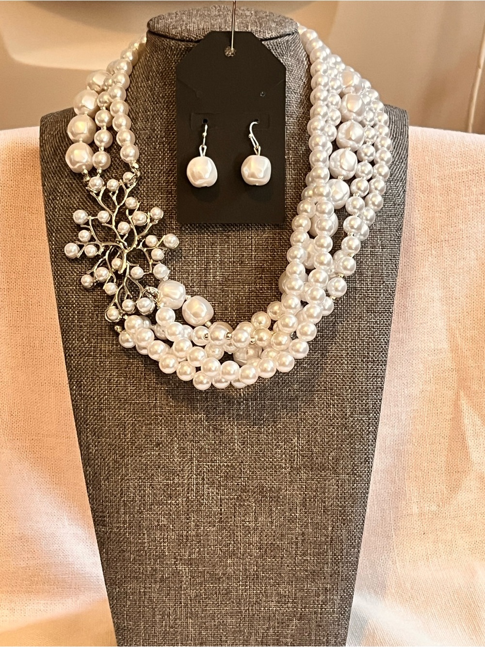Multi-Strand Pearl Statement Necklace with Floral Cluster - White